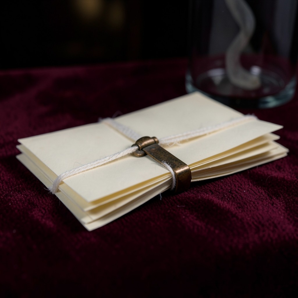 A tied folio of ivory chart papers closed with a copper clip on burgundy velvet