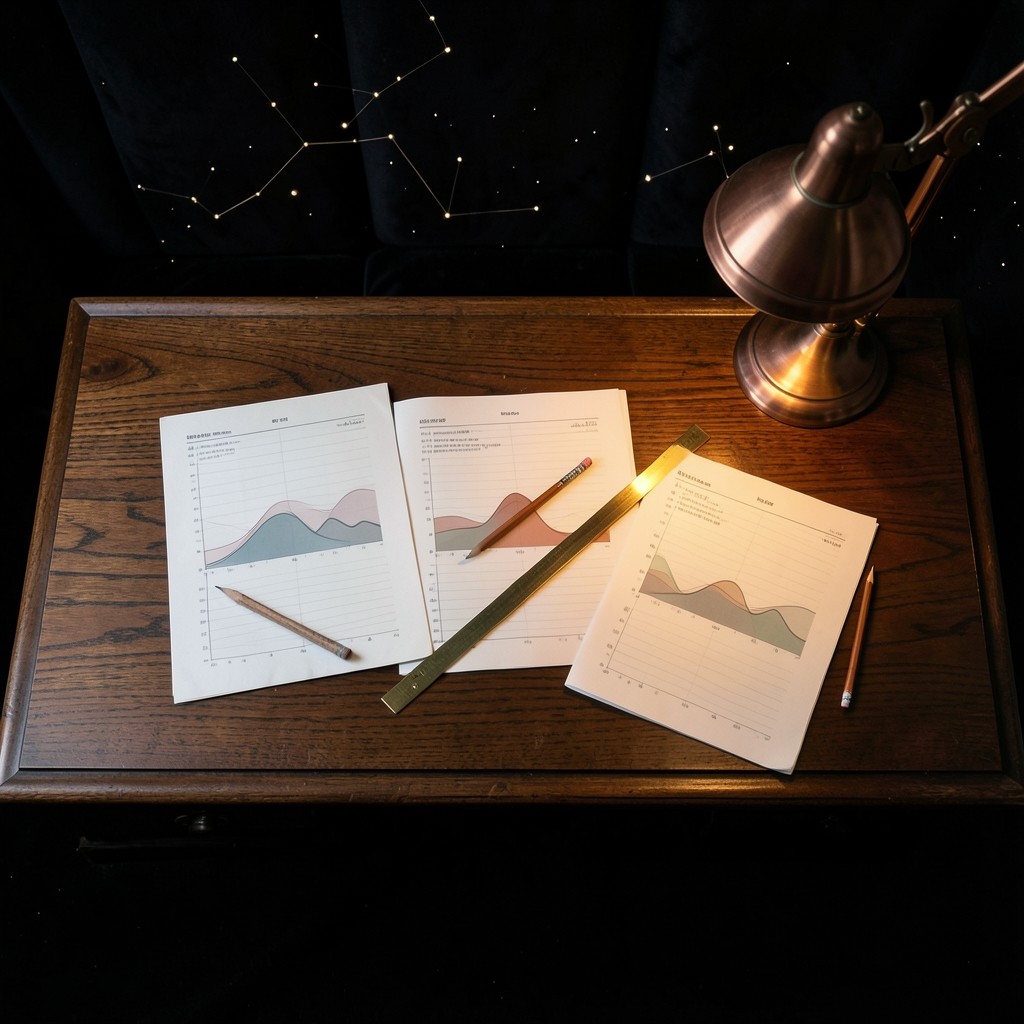 Overhead view of three chart sheets, a brass ruler, and a pencil arranged on dark wood