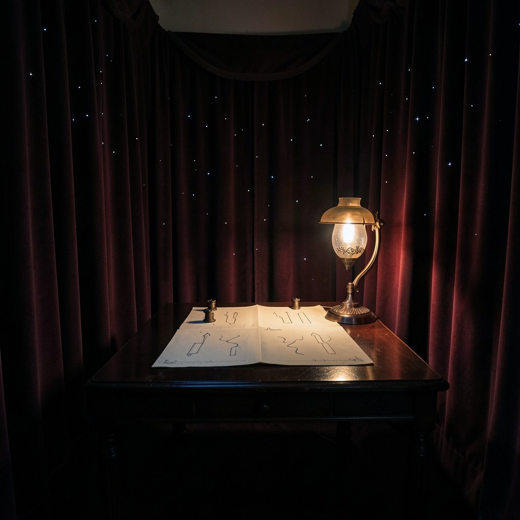 A dim velvet classroom at night with printed charts on a lacquered table and copper lamps