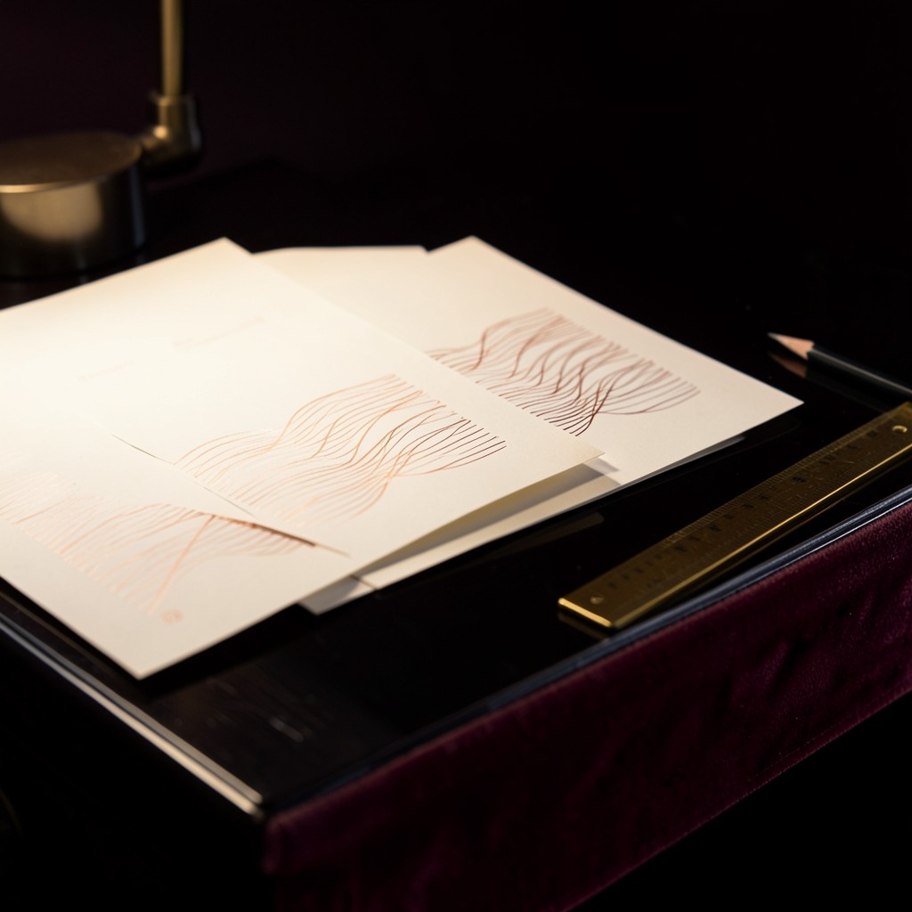Printed chart sheets and a brass ruler on a dark wood desk before class