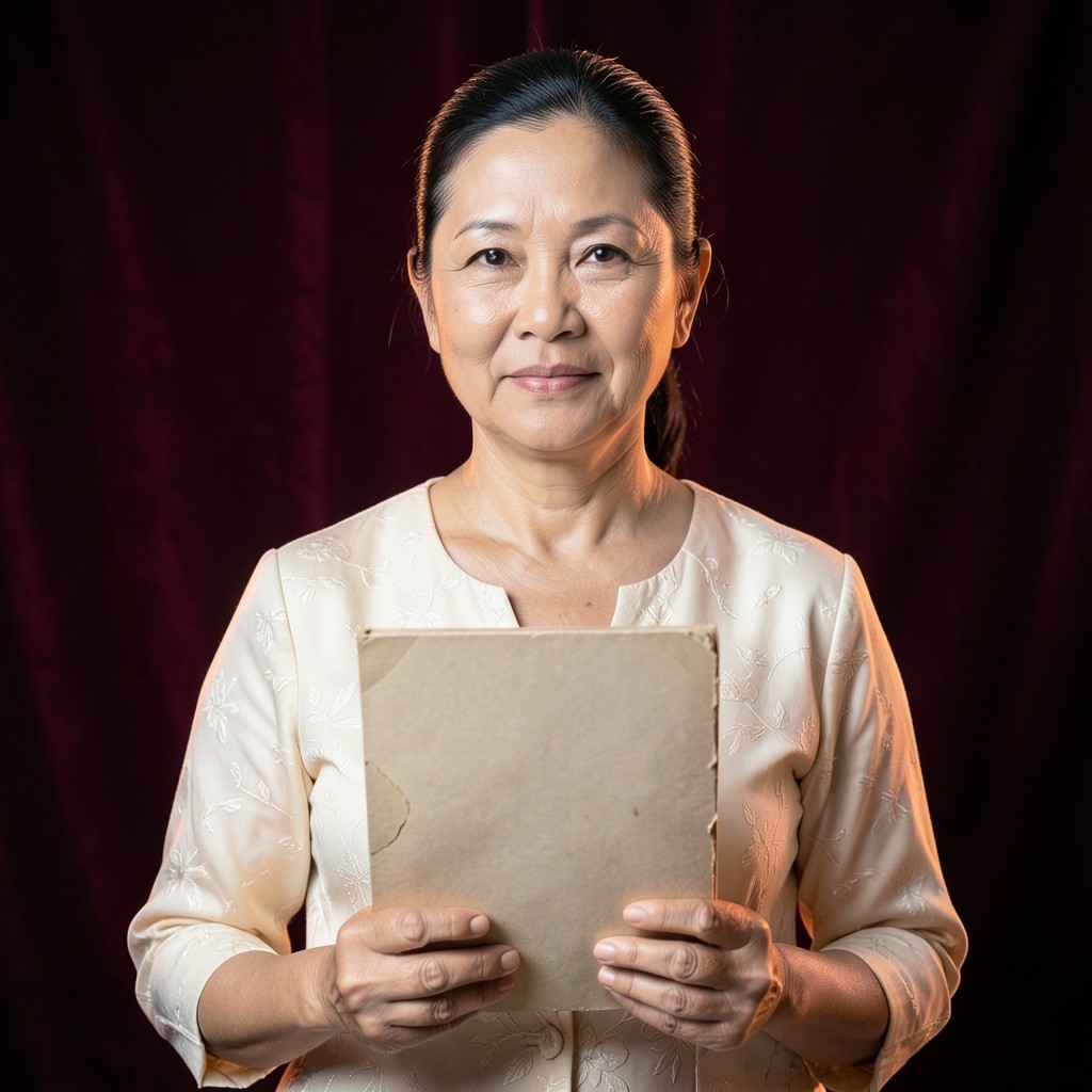Portrait of Maliwan Srisuk, a woman in her forties holding a closed chart folio
