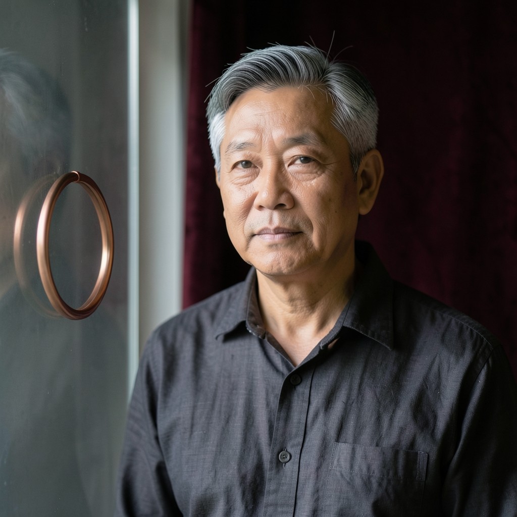 Portrait of Niran Chaiyasit, a man in his fifties in a charcoal shirt, beside smoked glass