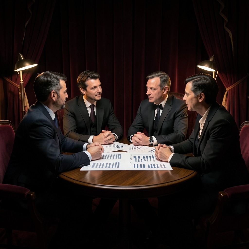 Four adults seated around a dark wood table with charts under copper lamps