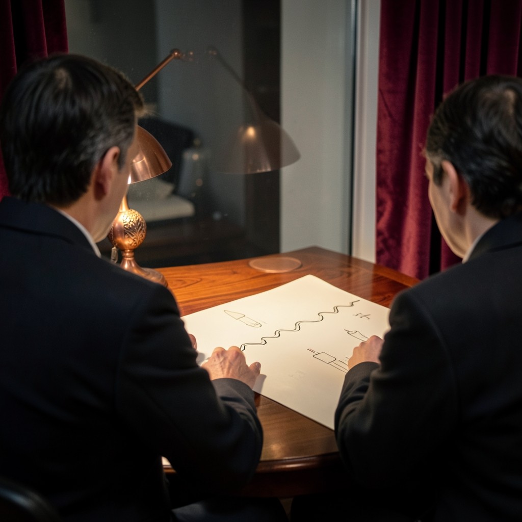 An instructor and a student leaning over a large printed chart in a lamplit room