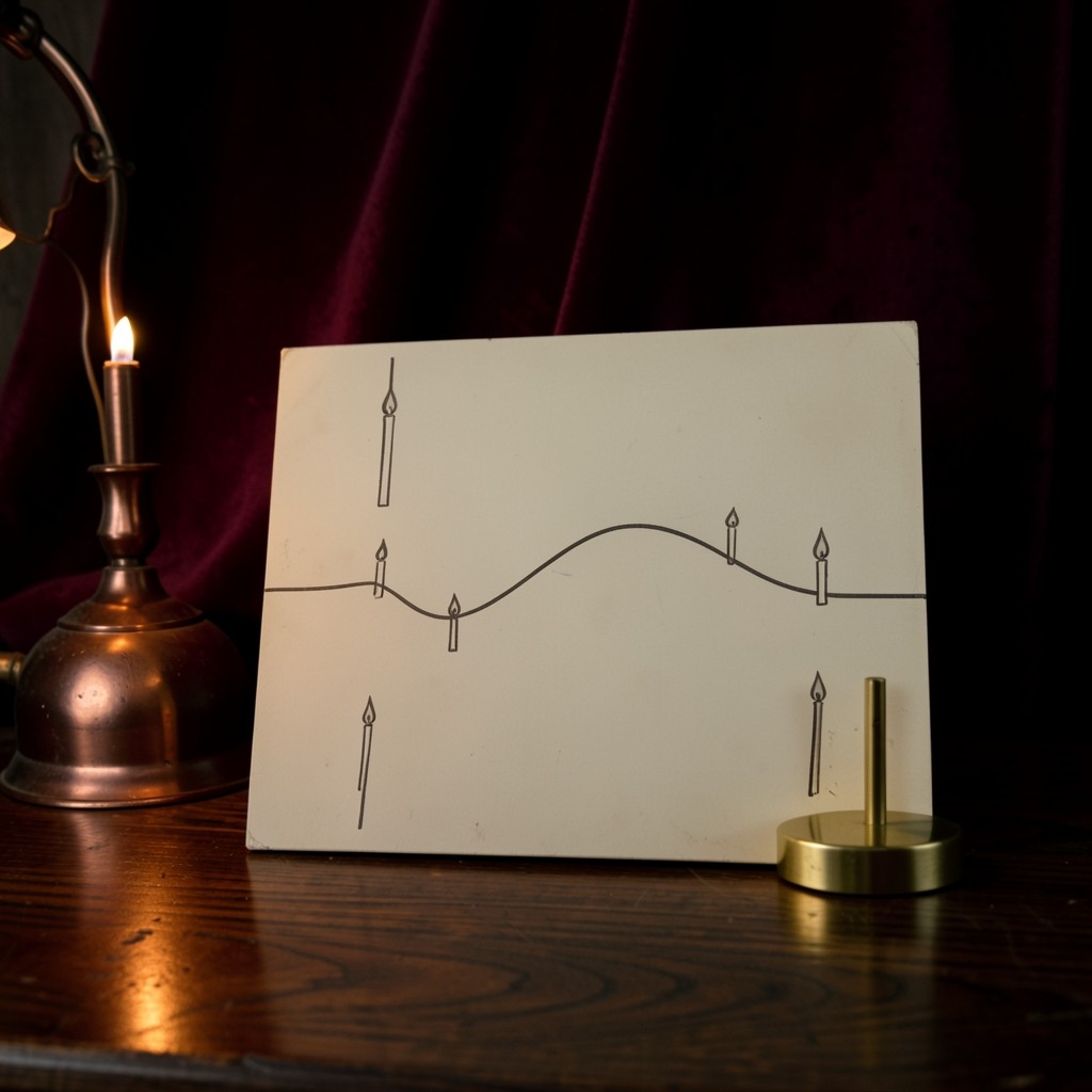 A heavy printed chart held flat by a brass weight under a low copper lamp